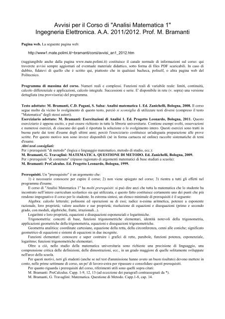 Avvisi Per Il Corso Di Analisi Matematica 1 Ingegneria