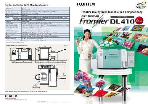 Frontier Dry Minilab DL410 Main Specifications - Fujifilm