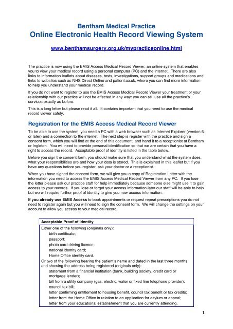 Bentham Medical Practice EMIS Access Registration Letter