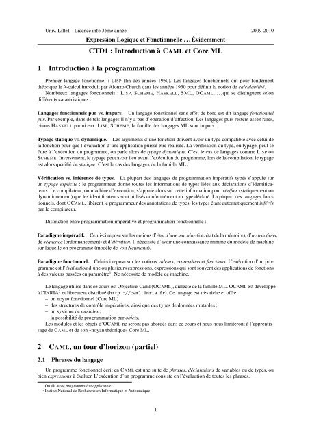 CTD1 : Introduction Ã  CAML et Core ML 1 Introduction Ã  la ... - FIL