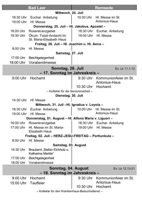 Pfarrbrief vom 14. Juli bis 04. Aug. - Kalare.de