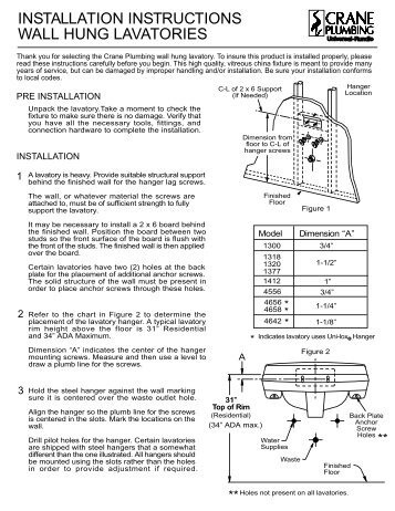 installation instructions wall hung lavatories - Crane Plumbing