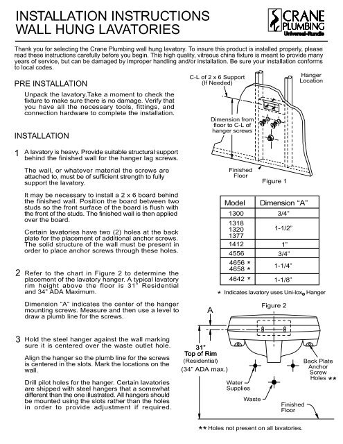 Installation Instructions Wall Hung Lavatories Crane Plumbing - Wall Hung Lavatory Ada Height Installation Instructions Wall Hung Lavatories Crane Plumbing - Wall Hung Lavatory Ada Height