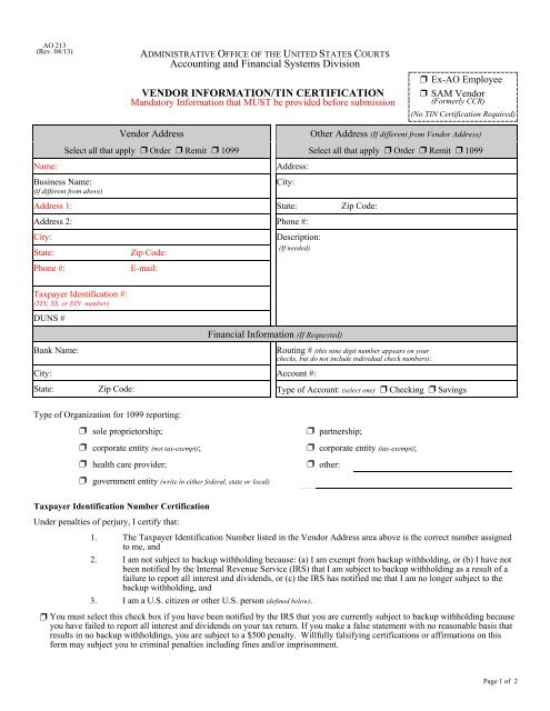 AO_213 Vendor Information/TIN Certification Form