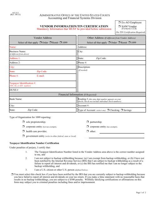 AO 213 Vendor Information TIN Certification Form