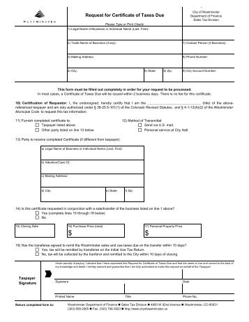 Request for Certificate of Taxes Due - City of Westminster