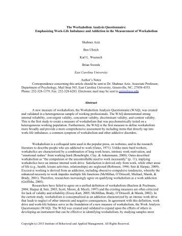 The Workaholism Analysis Questionnaire: - Ibam.com