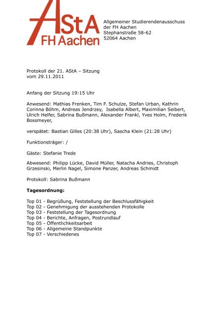 Allgemeiner Studierendenausschuss der FH Aachen Stephanstraà e