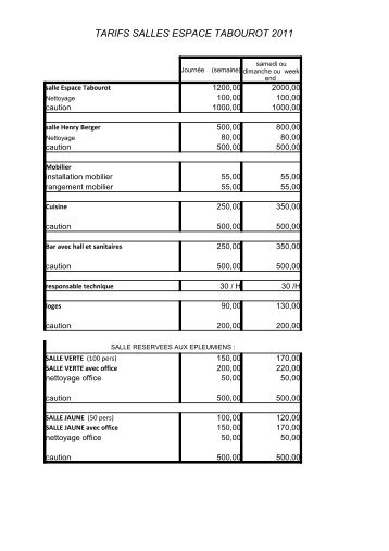 tarifs salles espace tabourot 2011 - Ville de Saint-Apollinaire