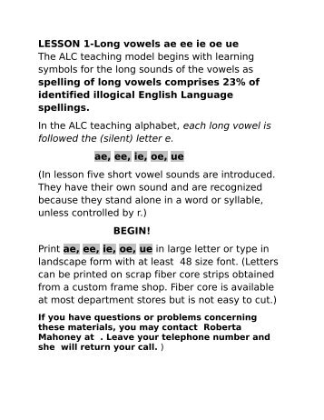 LESSON 1-Long vowels ae ee ie oe ue - American Literacy Council