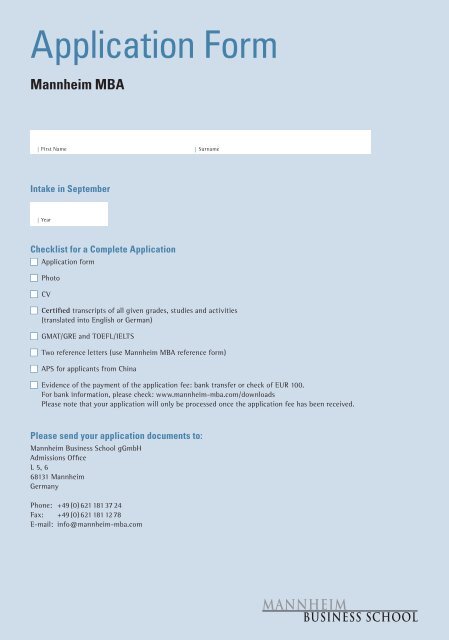 Application Form Mannheim Mba