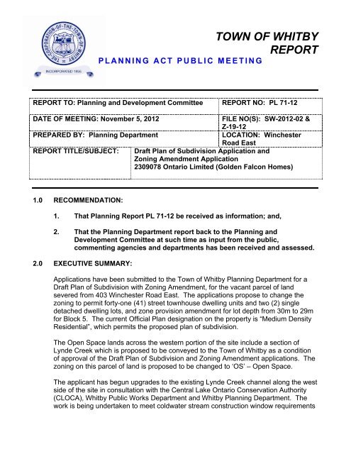 report pl71-12: re: draft plan of subdivision ... - Town of Whitby