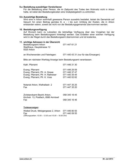 Bestattungen / Wegleitung - Stadt Arbon