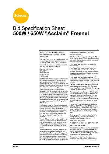 Bid Specification Sheet 500W / 650W "Acclaim" Fresnel - Selecon