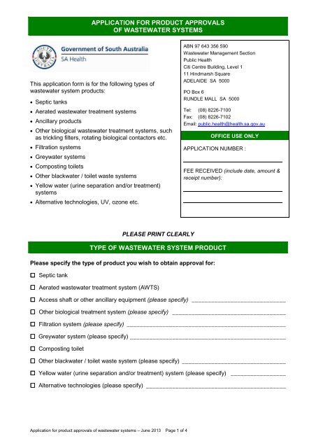 Application for product approvals of wastewater systems