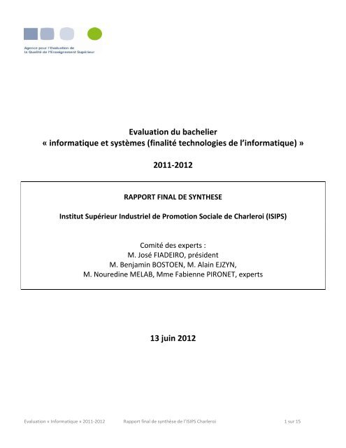 RFS Informatique ISIPS - Agence pour l'evaluation de la qualite de l ...