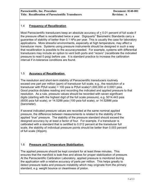 Recalibration of Paroscientific Transducers ... - Paroscientific, Inc.