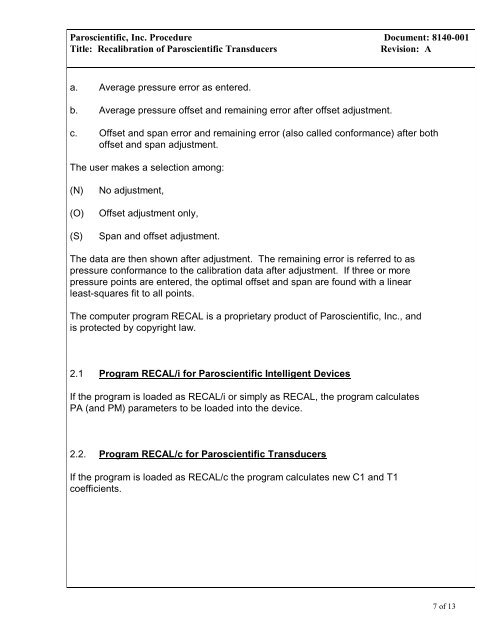 Recalibration of Paroscientific Transducers ... - Paroscientific, Inc.