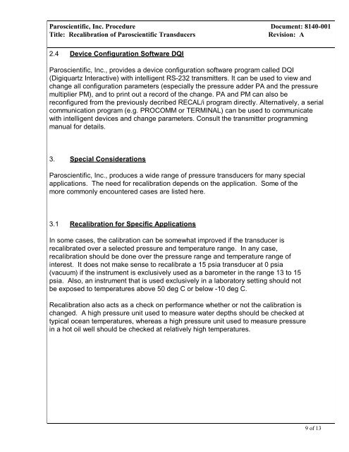 Recalibration of Paroscientific Transducers ... - Paroscientific, Inc.