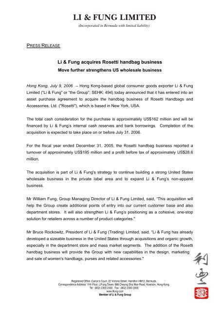 Li Fung acquires Rosetti handbag business Move further