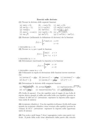 Esercizi sulle derivate (1) Trovare la derivata delle seguenti funzioni ...