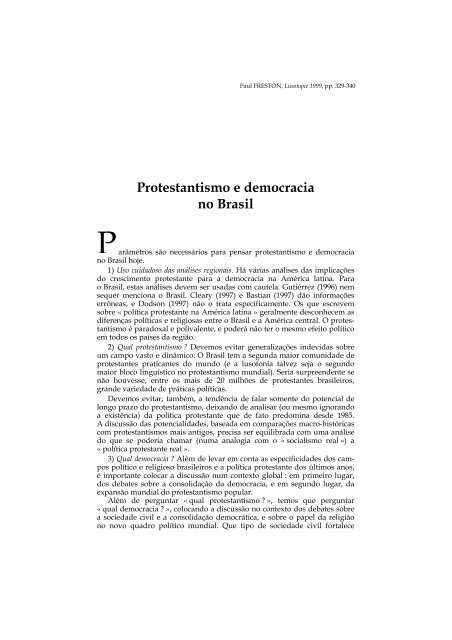 Protestantismo e democracia no Brasil - Lusotopie
