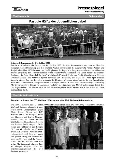 Tennis Nachrichten 2010 - TC Halden 2000