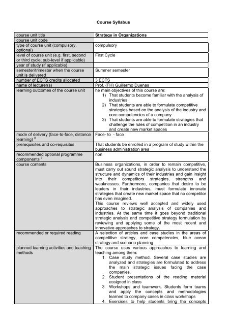 Course Syllabus course unit title Strategy in ... - FH Kufstein Tirol