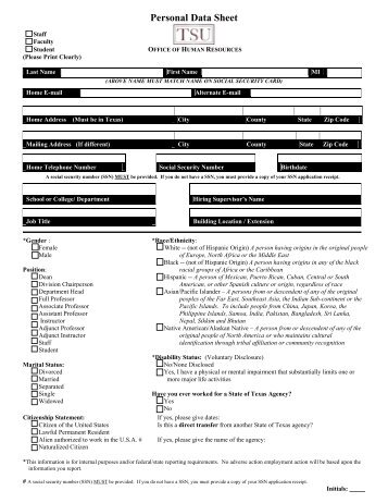 Personal Data Sheet - Texas Southern University