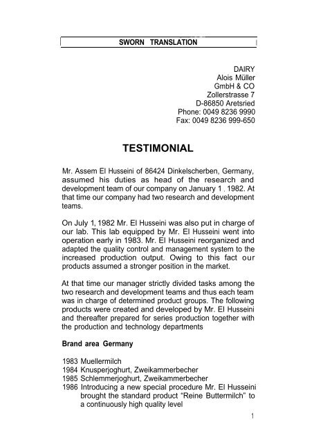 TESTIMONIAL - EL HUSSEINI PRODUKTENTWICKLUNG & FOOD ...