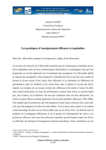 Talbot, L. Les pratiques d'enseignement efficaces et Ã©quitables