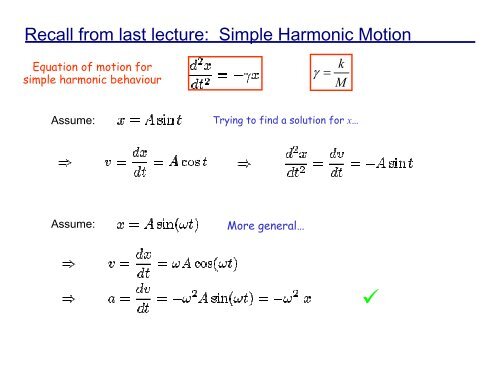 Recall from last lecture: Simple Harmonic Motion