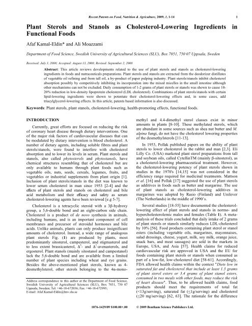 Plant Sterols and Stanols as Cholesterol-Lowering Ingredients in ...