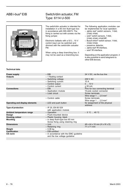 ABB i-busÂ® EIB Switch/dim actuator, FM Type: 6114 U-500
