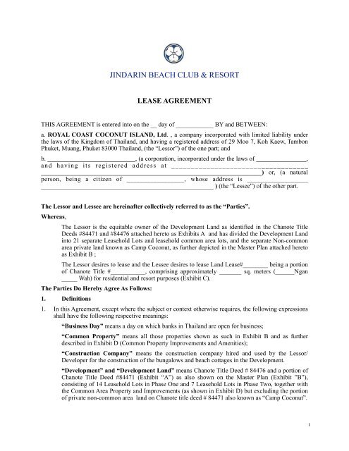 Lease Agreement - Jindarin Beach Club & Resort