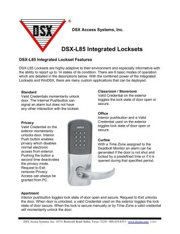 DSX-L85 Integrated Locksets - DSX Access Systems, Inc.