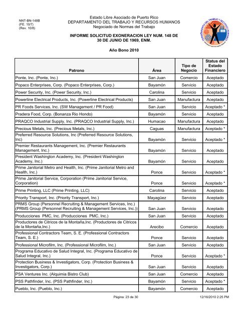 INFORME SOLICITUD EXONERACION LEY NUM. 148 DE 30 DE ...