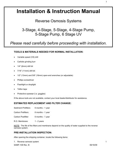 Installation & Instruction Manual - Reverse Osmosis, RO Water ...