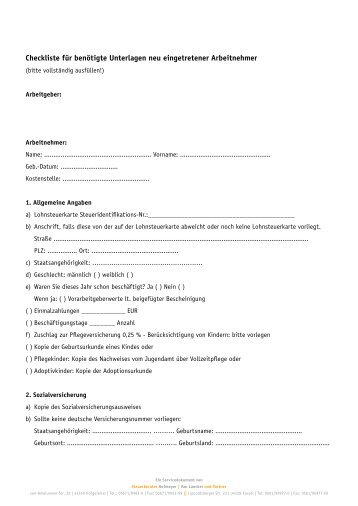 Checkliste fÃ¼r benÃ¶tigte Unterlagen neu eingetretener Arbeitnehmer