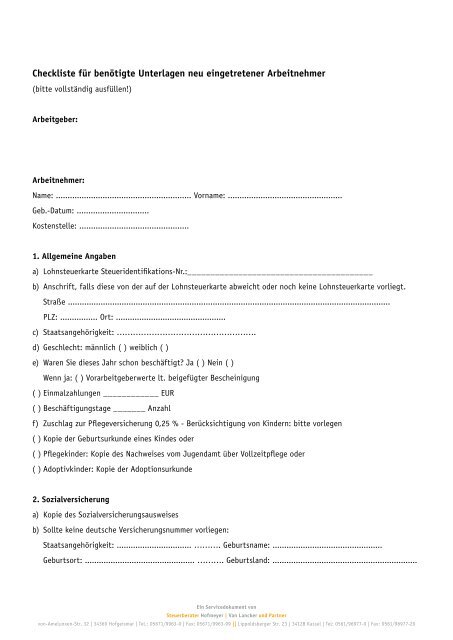 Checkliste fÃ¼r benÃ¶tigte Unterlagen neu eingetretener Arbeitnehmer