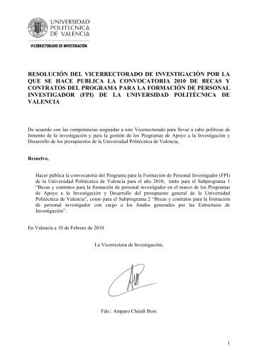 Convocatoria becas FPI UPV 2010 - Universidad Politécnica de ...