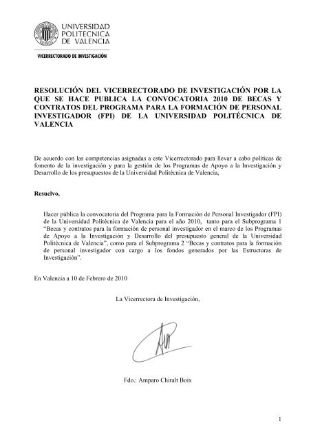 Convocatoria becas FPI UPV 2010 - Universidad Politécnica de ... Convocatoria becas FPI UPV 2010 - Universidad Politécnica de ...