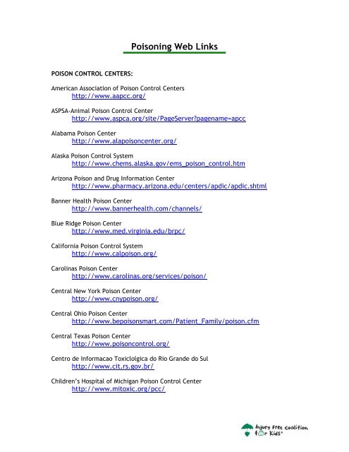 Poison Prevention Links To Related Websites Pdf Injury Free