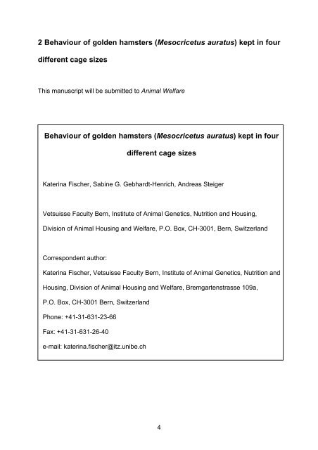 Behaviour of golden hamsters (Mesocricetus auratus) - Vetsuisse ...