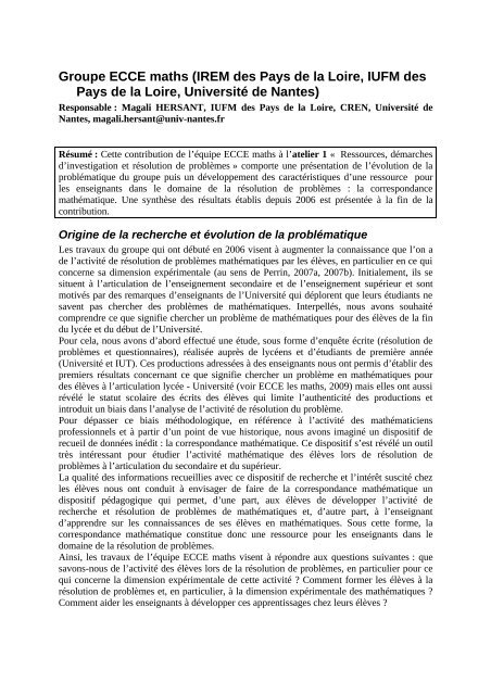 Groupe ECCE les maths, IREM des Pays de la Loire ... - Educmath