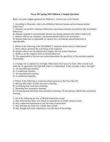 Psyco 381 Spring 2010 Midterm 1 Sample Questions Below are ...