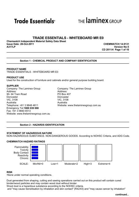 Trade Essentials Whiteboard MR E0 MSDS 14-9131 - The Laminex ...
