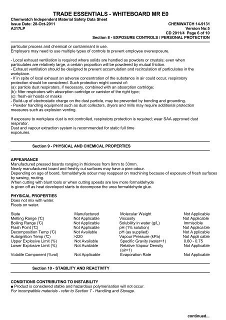 Trade Essentials Whiteboard MR E0 MSDS 14-9131 - The Laminex ...