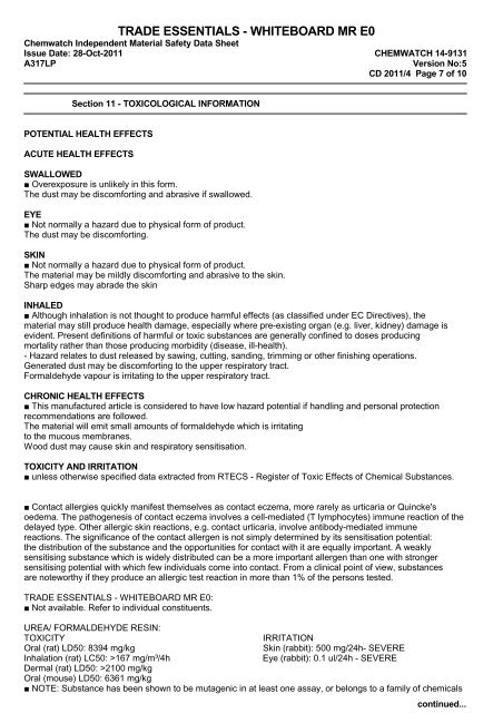 Trade Essentials Whiteboard MR E0 MSDS 14-9131 - The Laminex ...