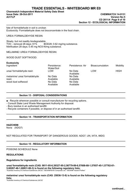 Trade Essentials Whiteboard MR E0 MSDS 14-9131 - The Laminex ...